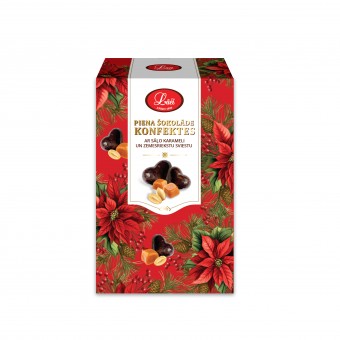 Milk chocolate candies with salted caramel and peanut butter