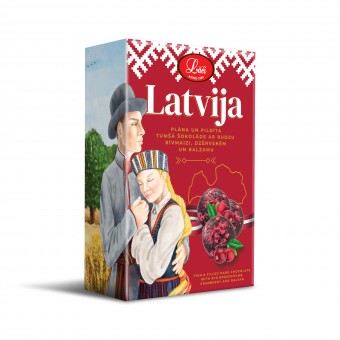 Plāna & pildīta tumšā šokolāde ar rudzu rīvmaizi, dzērvenēm un balzamu “Latvija”